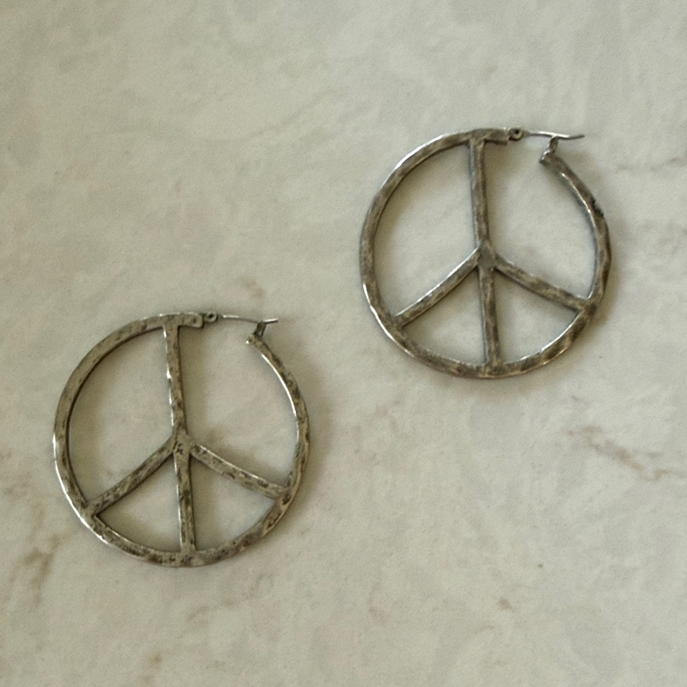Silver Peace Sign Hoop Earrings